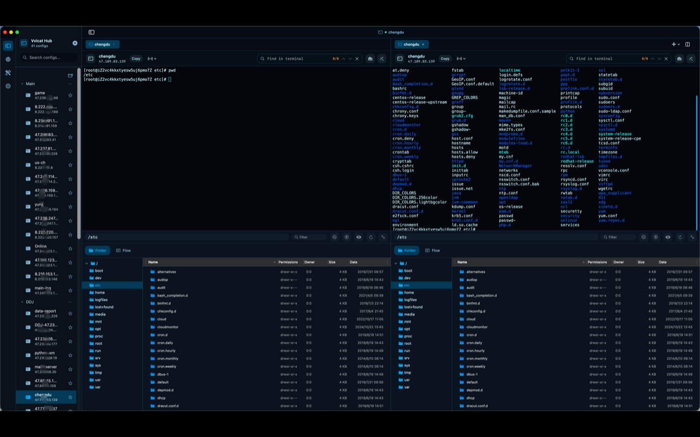 Vvicat Hub showing SSH split panes, connection list, and remote file panels
